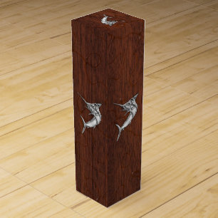 Chrome Marlin Fish on Wet Mahogany Veneer Print Wine Box