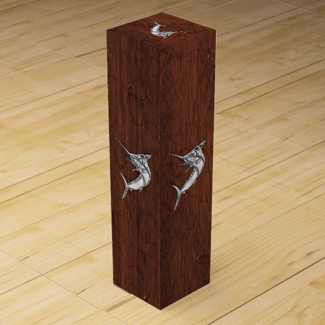 Chrome Marlin Fish on Wet Mahogany Veneer Print Wine Box (Back)