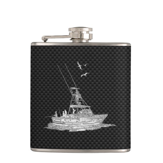 Chrome Marlin Fishing Boat on Carbon Fiber Print Flask (Front)
