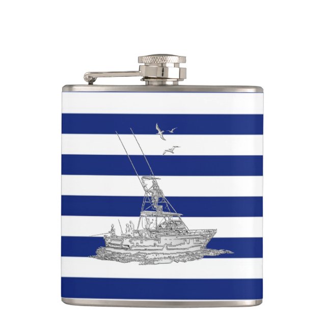 Chrome Marlin Fishing Boat on Navy Stripes Hip Flask (Front)