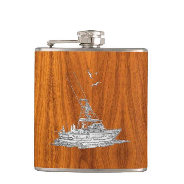 Chrome Marlin Fishing Boat on Teak Print Hip Flask (Front)