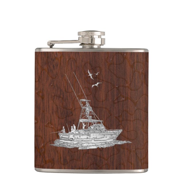 Chrome Marlin Fishing Boat on Wet Mahogany Print Flask (Front)