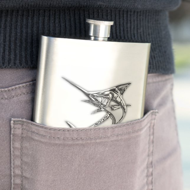 Chrome Marlin Nautical Print Flask (In Situ)