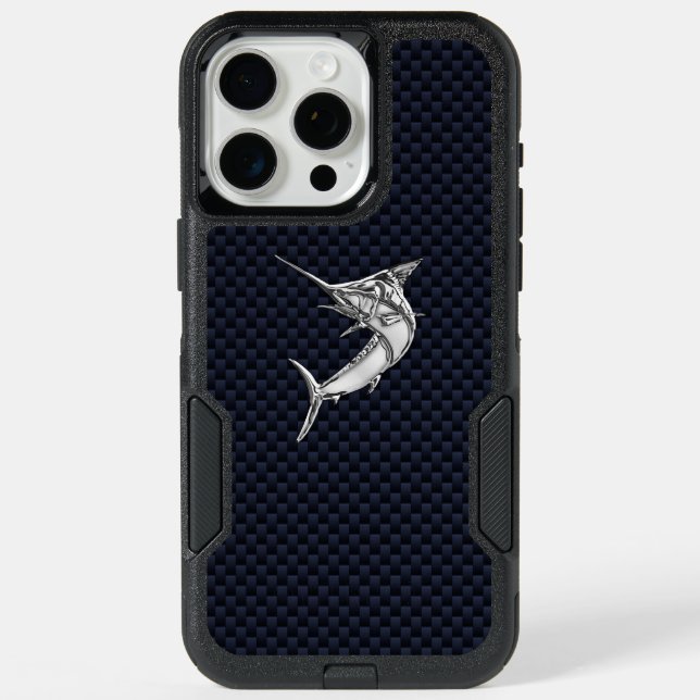 Chrome Marlin on Carbon Fiber iPhone 15 Pro Max Case (Back)