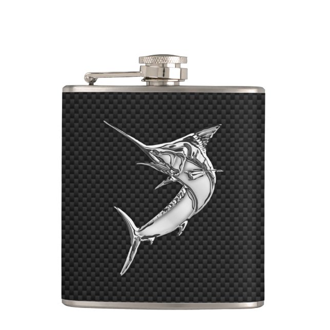 Chrome Marlin on Carbon Fiber Print Hip Flask (Front)