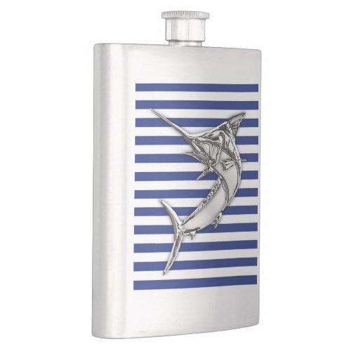 Chrome Marlin on Navy Stripes Print Hip Flask