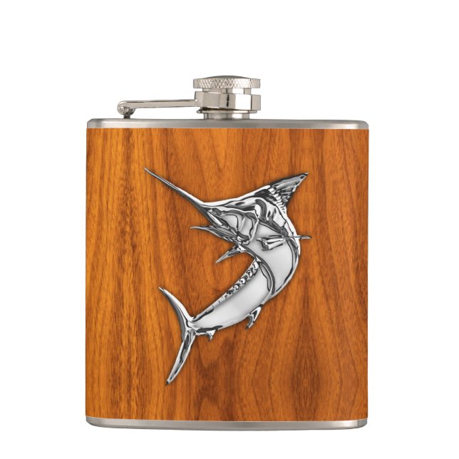 Chrome Marlin on Teak Print Flask (Front)