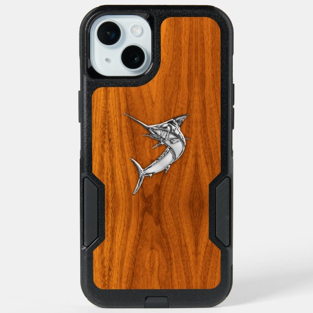 Chrome Marlin on Teak Wood iPhone 15 Plus Case (Back)