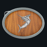 Chrome Marlin on Teak Wood Oval Belt Buckle<br><div class="desc">A silver chrome like marlin fish applique design decor. A racy modern nautical gift. Here's a selection of fine custom casual embroidered baseball caps; in a nautical style, you can easily personalize to make it as unique as you are. Use the "Ask this Designer" link to contact us with your...</div>