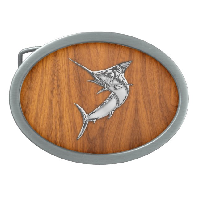 Chrome Marlin on Teak Wood Oval Belt Buckle (Front)