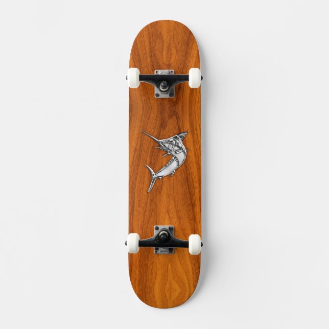 Chrome Marlin on Teak Wood Skateboard Deck (Front)