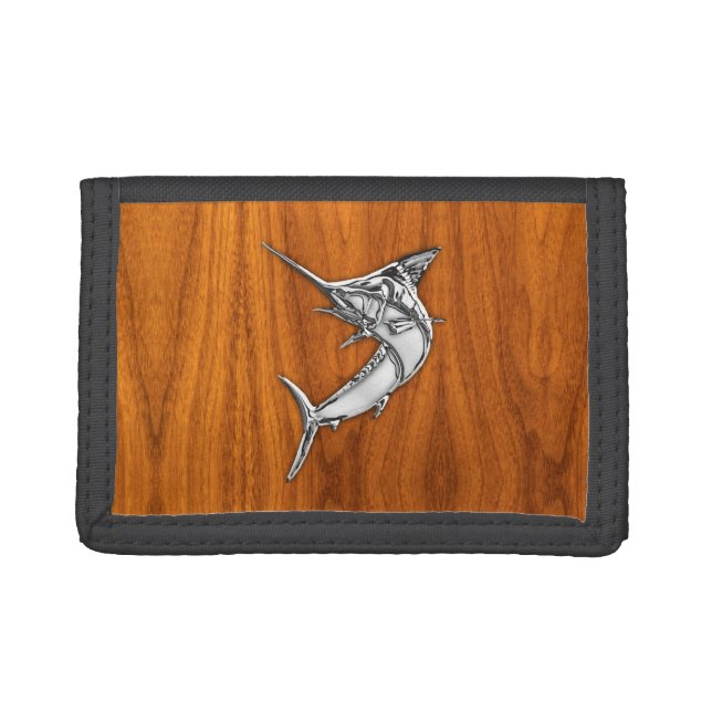 Chrome Marlin on Teak Wood Trifold Wallet (Front)