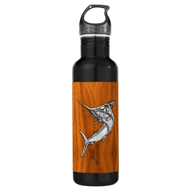 Chrome Marlin on Teak Wood Water Bottle (Front)
