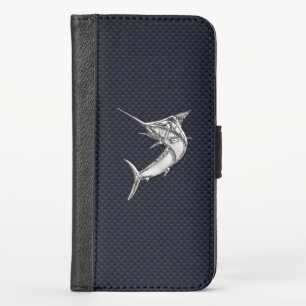 Chrome Marlin Print on Navy Carbon Fiber iPhone X Wallet Case