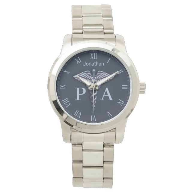 Chrome Medical Caduceus Name Physician Assistant Watch (Front)