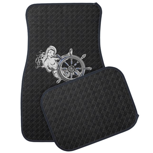 Chrome Mermaid on Black Checkers Print Car Mat (Set)