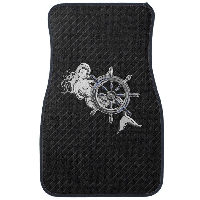 Chrome Mermaid on Black Checkers Print Car Mat (Front)
