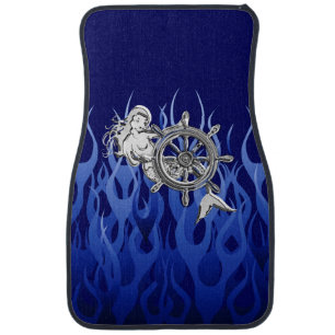 Chrome Mermaid on Blue Flames Print Car Mat