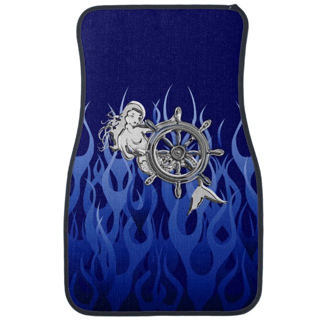 Chrome Mermaid on Blue Flames Print Car Mat (Front)
