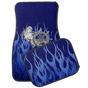 Chrome Mermaid on Blue Flames Print Car Mat