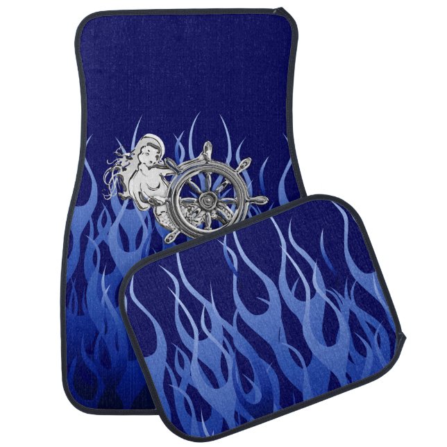 Chrome Mermaid on Blue Flames Print Car Mat (Set)