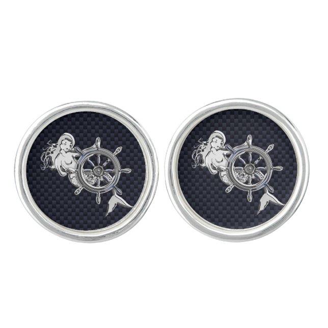 Chrome Mermaid on Carbon Fiber Print Cufflinks (Front)