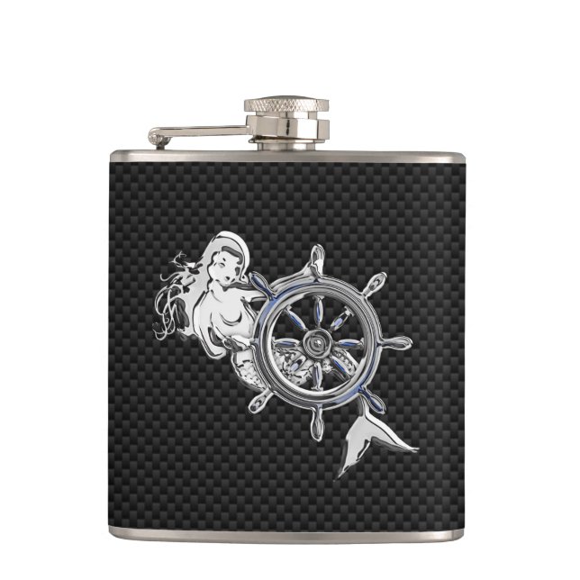 Chrome Mermaid on Carbon Fiber Print Flask (Front)