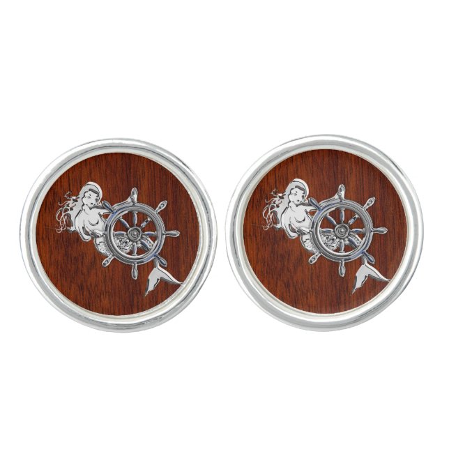 Chrome Mermaid on Mahogany Print Cufflinks (Front)