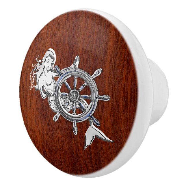 Chrome Mermaid on Nautical Mahogany Grain Print Ceramic Knob (Right)