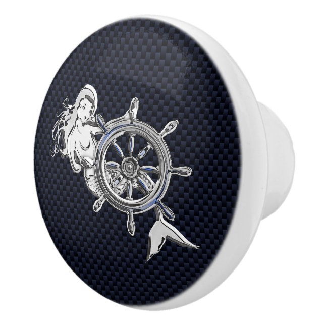 Chrome Mermaid on Nautical Navy Carbon Fiber Print Ceramic Knob (Right)
