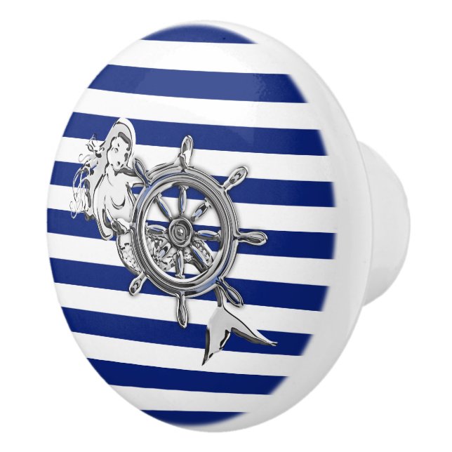 Chrome Mermaid on Nautical Navy Stripes Print Ceramic Knob (Right)