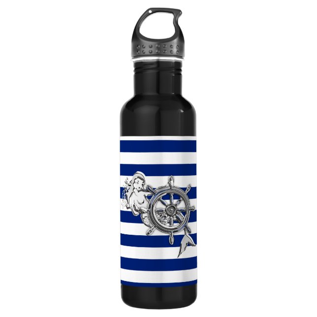 Chrome Mermaid on Nautical Stripes Water Bottle (Front)