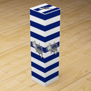 Chrome Mermaid on Navy Nautical Stripes Wine Gift Box