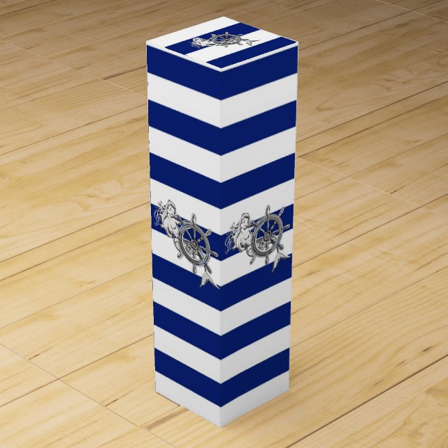 Chrome Mermaid on Navy Nautical Stripes Wine Gift Box (Front)