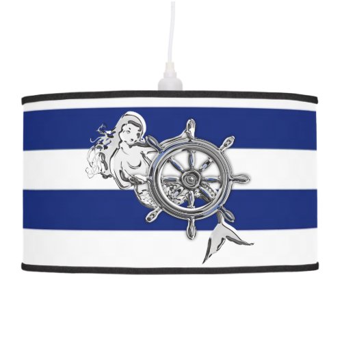 Chrome Mermaid on Navy Stripes Ceiling Lamp