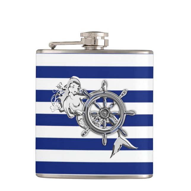 Chrome Mermaid on Navy Stripes Flask (Front)