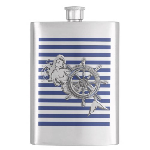 Chrome Mermaid on Navy Stripes Print Flask