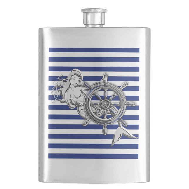 Chrome Mermaid on Navy Stripes Print Flask (Front)