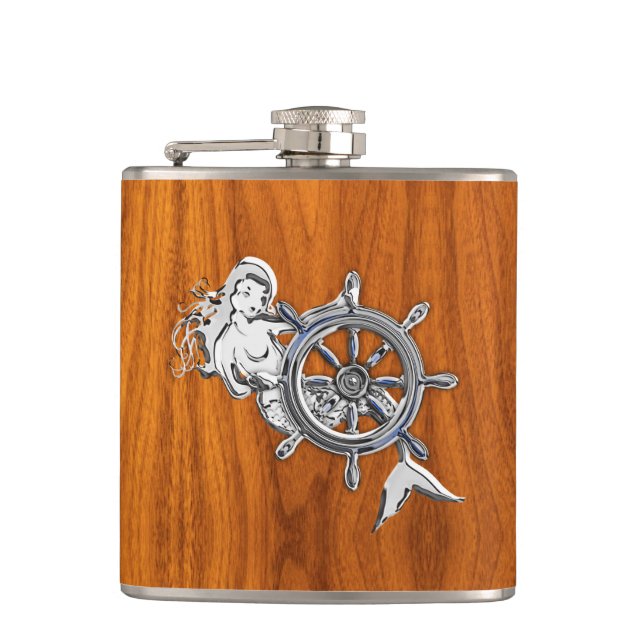 Chrome Mermaid on Teak Print Hip Flask (Front)