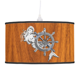 Chrome Mermaid on Teak Wood Pendant Lamp