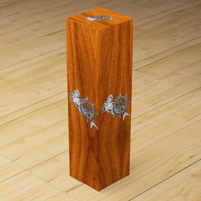 Chrome Mermaid on Teak Wood Veneer Print Wine Gift Box (Front)