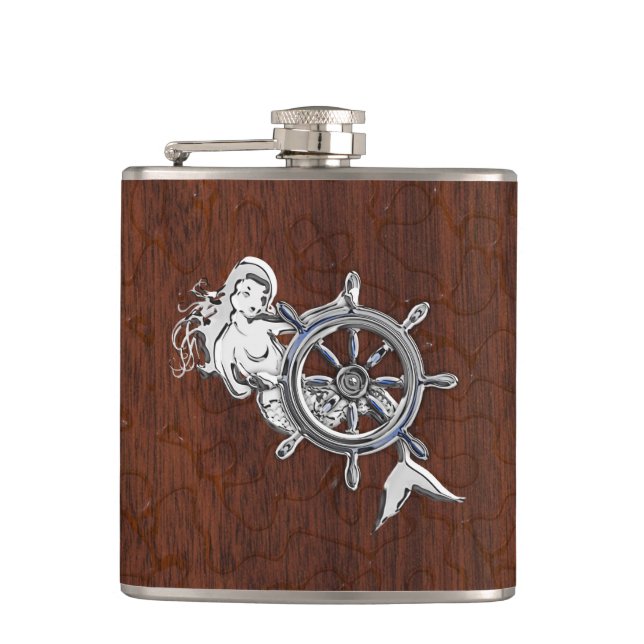 Chrome Mermaid on Wet Mahogany Print Flask (Front)