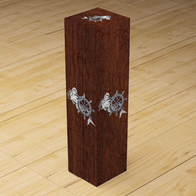 Chrome Mermaid on Wet Mahogany Veneer Print Wine Gift Box (Back)