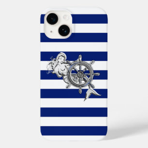Chrome Mermaid Print on Navy Stripes Case-Mate iPhone 14 Case