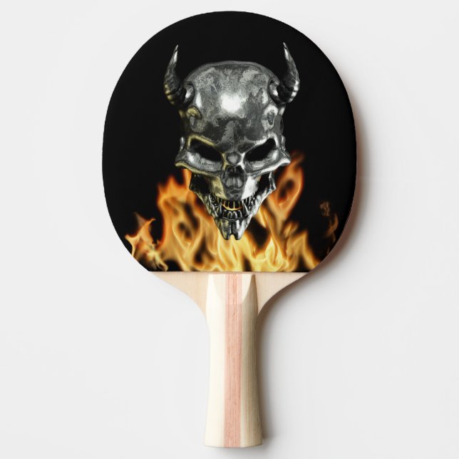 Chrome Metal Demon Skull in Flames Ping Pong Paddle (Front)