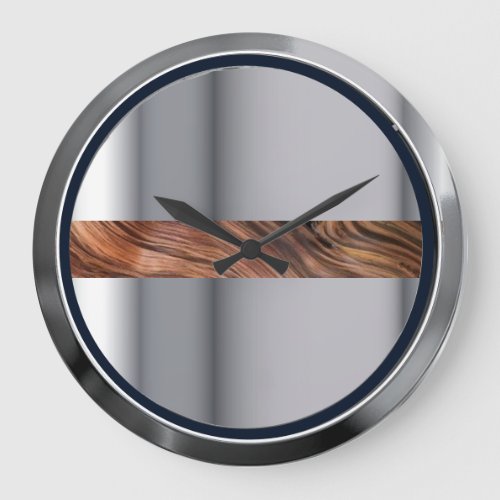 Chrome metal with wood grain design large clock