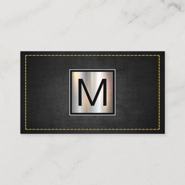 Chrome Metallic | Dark Texture Yellow Stitched Business Card (Front)