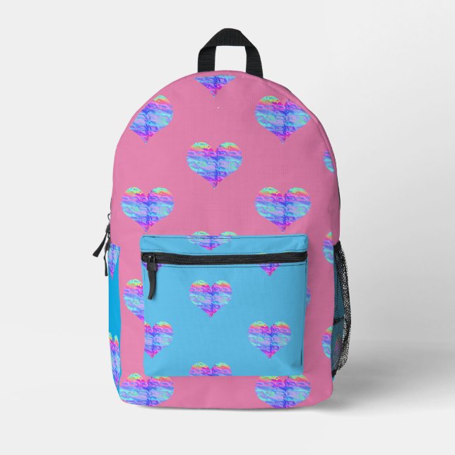 Chrome Metallic Neon Rainbow Heart Fun Printed Backpack (Front)