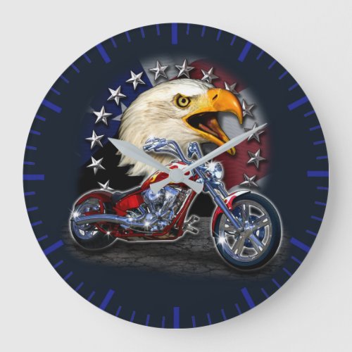 Chrome Motorcycle Chopper Patriotic Eagle USA Flag Large Clock