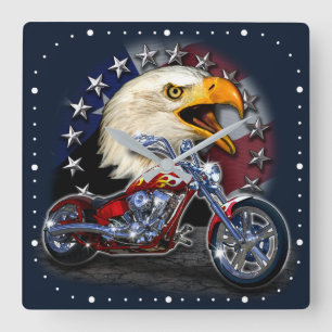Chrome Motorcycle Chopper Patriotic Eagle USA Flag Square Wall Clock